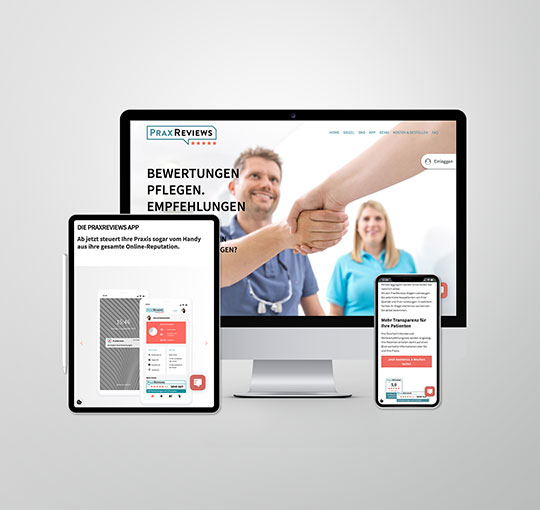 Praxishomepage-Mockup auf Mobil, Tablet & Desktop