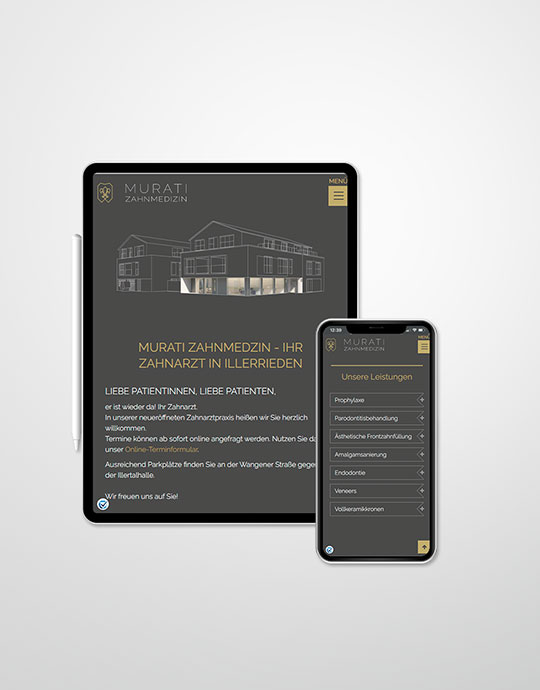 Responsive Design Präsentation auf Mobil und Tablet von der Webseite eines Zahnarztes